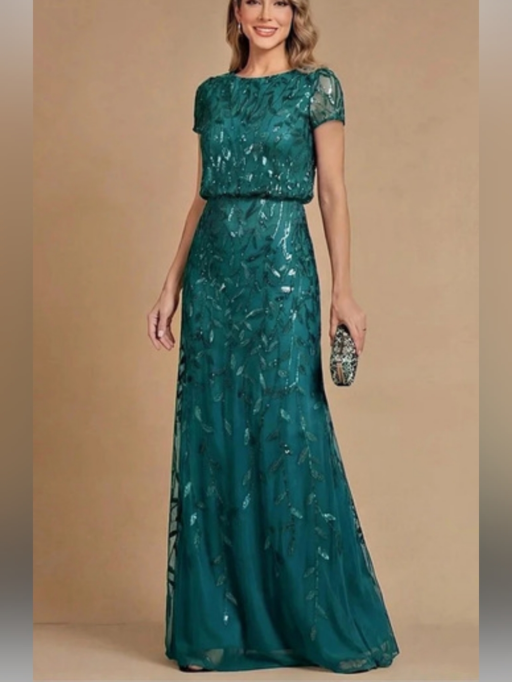 Formal Dress NWT Sequin Floral Maxi Dress Peacock Blue Floor Length 52in Sz Larg